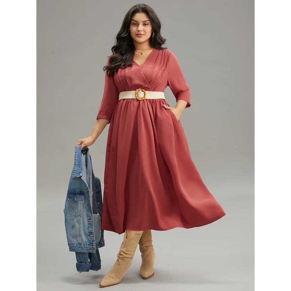 Size 18 - 20 • 2x • BloomChic • Orange Red Pleated Gathered Wrap Pocket Dress